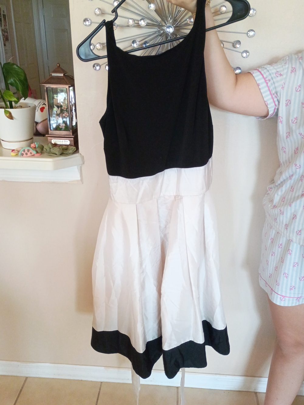 S.L. Fashions Black and White Fit-and-Flare Dress Large Bow Tie On The Back
